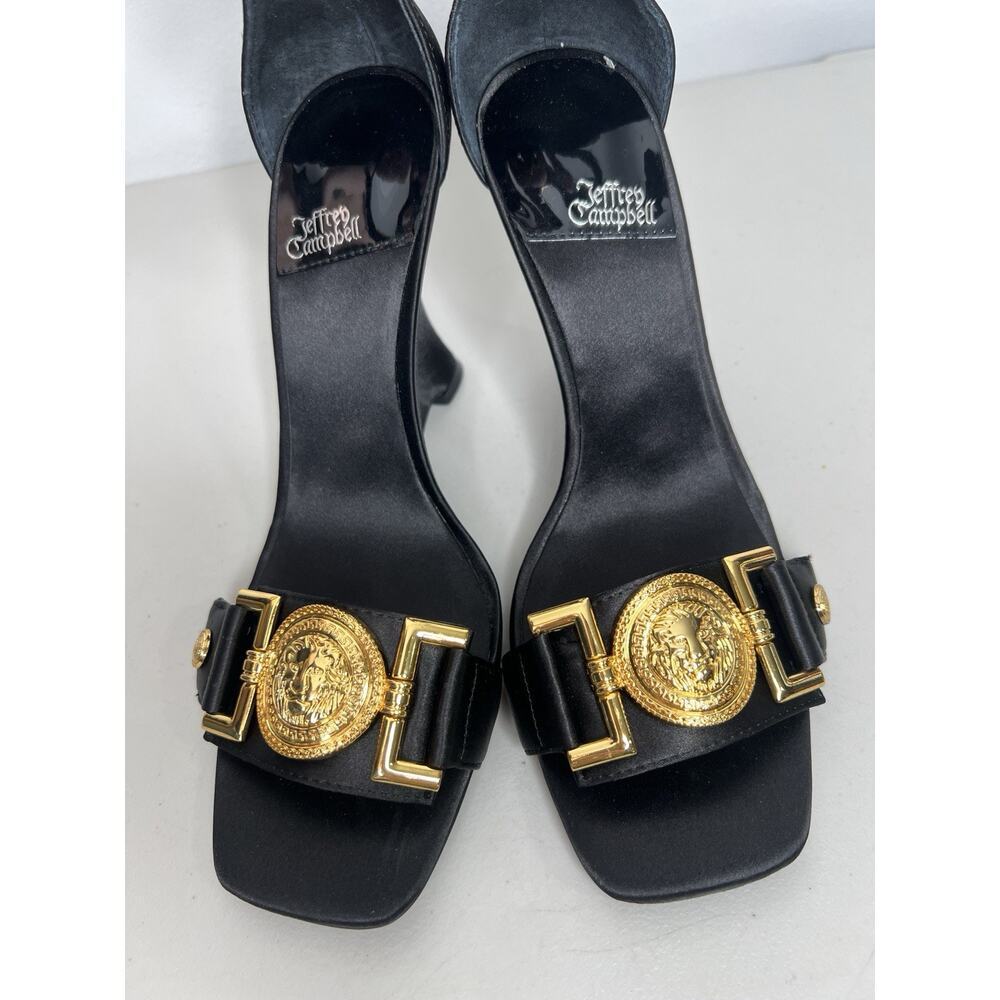 Jeffrey Campbell Black Leonite Satin Lion Hardware Sculpted Wedge Sandals Sz 7.5 - Picture 3 of 8